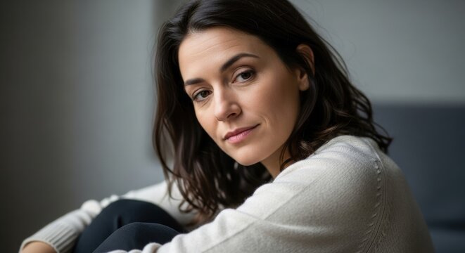 Authentic portrait of a serene woman looking at camera indoors