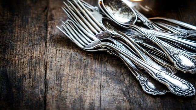 A collection of tarnished silver cutlery including forks and spoons scattered on a rustic wooden table surface creating an uneven arrangement - Powered by Adobe