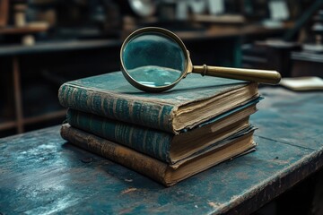 A vintage brass magnifying glass rests atop a stack of antique, worn books on an old wooden table, suggesting research and discovery.
