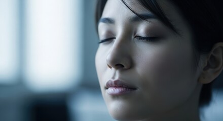Young asian woman with eyes closed in peaceful meditation pose