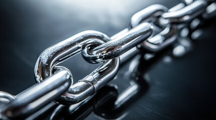 Obraz premium A close up shot of gleaming chrome interlocking chain links of various sizes on a dark reflective surface