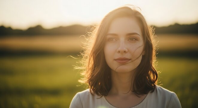 Serene young woman portrait in sunlit field during golden hour - Powered by Adobe