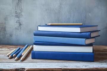 Stacked blue and white books with a pencil on top, alongside scattered pencils on a wooden table, representing education and study.