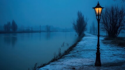 A solitary old street lamp illuminates a snow covered path next to a calm river on a foggy winter evening