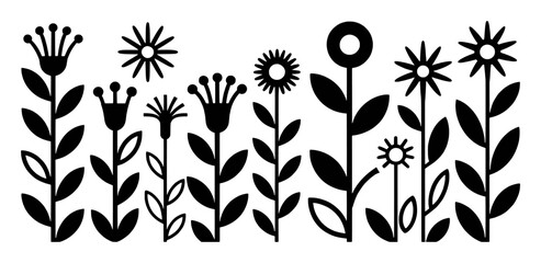 Black and White Stylized Floral Pattern with Various Flower Designs