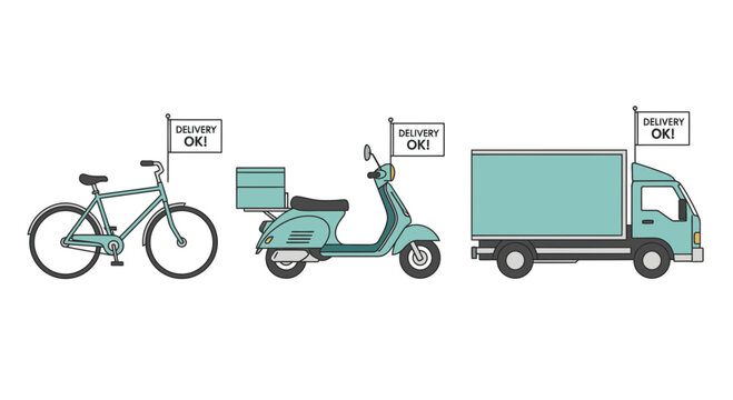 Efficient delivery solutions with bicycle, scooter, and truck ensuring prompt and reliable service, perfect for modern logistics and transportation needs