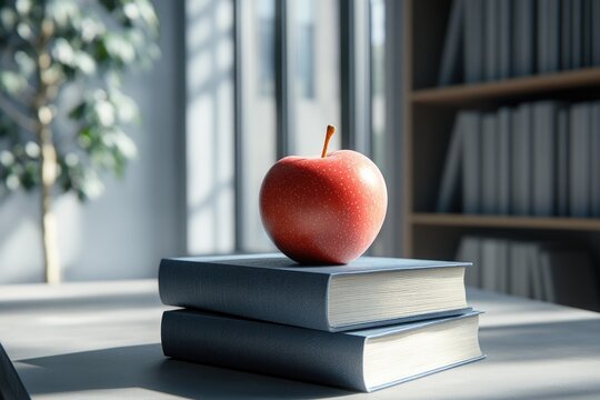 A vibrant red apple rests atop two blue books in a sunlit study, symbolizing knowledge and education.