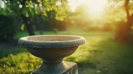 A weathered stone garden urn sits empty and dry bathed in warm golden sunlight outdoors on a bright day