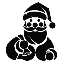Black silhouette of Santa Claus with a sack of gifts and a round nose and cheeks christmas father