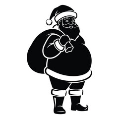 Black silhouette of Santa Claus with a sack of gifts wearing a hat and boots on a white background Keywords: Santa Claus, silhouette, sack, gifts, hat, boots, Christmas