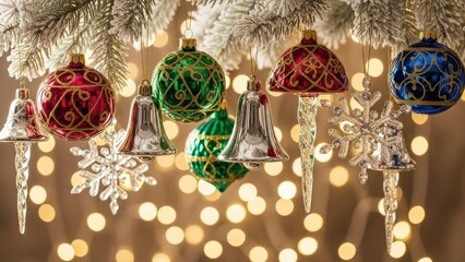 Elegant Christmas Ornaments and Frosted Branch with Warm Bokeh Lights Background