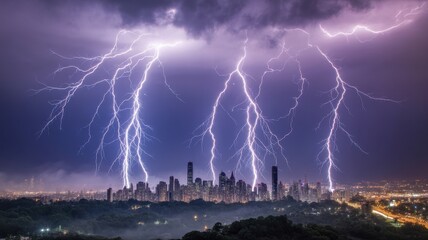 Dramatic multiple lightning strikes over a sprawling city skyline