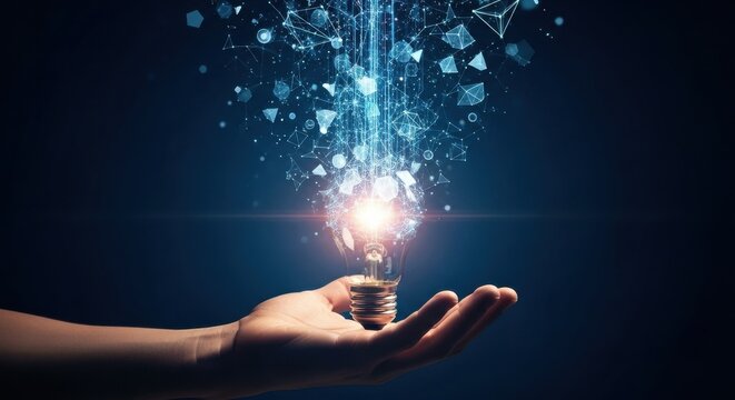 Hand holding glowing abstract light bulb with network - Powered by Adobe