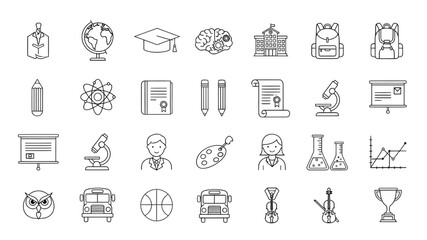 Collection of hand drawn education and business icons in black and white