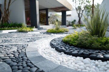 Obraz premium This sophisticated stone pathway features a stunning design that incorporates an attractive arrangement of white and black pebbles, complemented by vibrant, lush greenery.