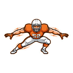 Aggressive Cartoon American Football Player in Orange Uniform Crouching Ready to Move