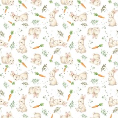 Cute Watercolor Bunny and Carrot Seamless Pattern on White Background