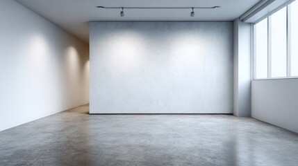 Empty modern interior space with concrete floor and large windows.