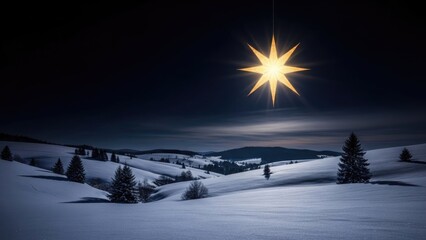 Bright Christmas Star Shines Over Serene Snowy Winter Landscape at Night
