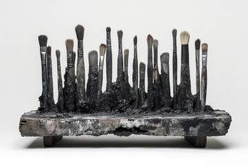 Artist's paintbrushes firmly embedded in a textured, dark, hardened medium, resting on a weathered wooden base, showcasing tools of creation.