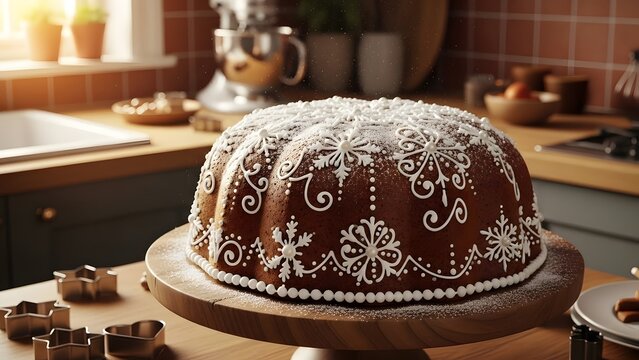 Indulge in the magic of the holidays with this delicious spiced cake beautifully decorated for winter festivities