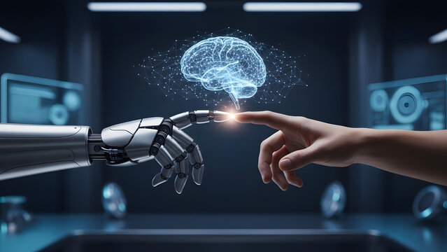 Human and robot touch connecting to artificial intelligence brain