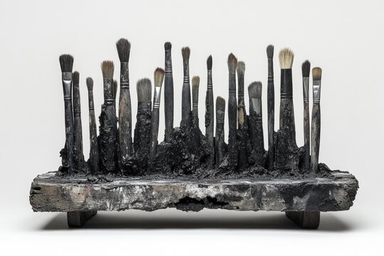Artist's paintbrushes firmly embedded in a textured, dark, hardened medium, resting on a weathered wooden base, showcasing tools of creation. - Powered by Adobe