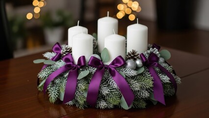 Elegant Unlit Advent Wreath with White Candles, Purple Ribbons, and Frosted Evergreen Branches