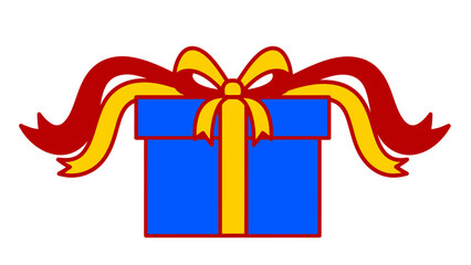Illustration of a blue gift box with red and yellow ribbons and bow.