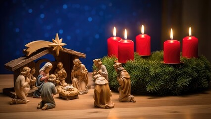 Traditional Christmas Nativity Scene and Advent Wreath with Lit Candles