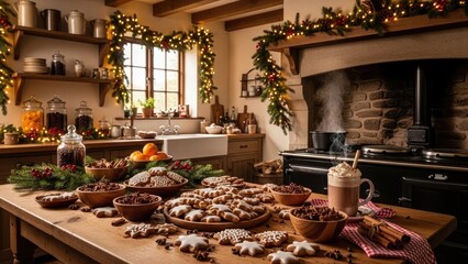 Cozy Christmas Kitchen with Festive Decorations, Freshly Baked Gingerbread Cookies, and Hot Chocolate on a Wooden Table