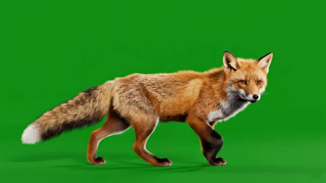 Red fox walking profile isolated on green screen studio background