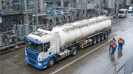 Naklejka premium Industrial Truck in Chemical Plant with Workers and Equipment