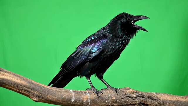 Iridescent black crow perched on wooden branch in profile shot