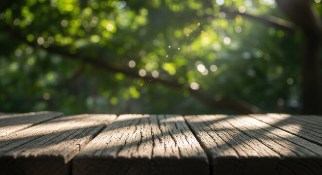 Wooden table in dappled sunlight, nature background