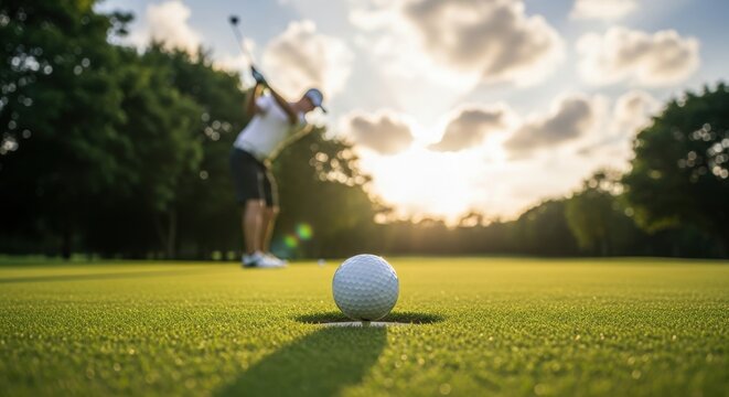 Golfer making a swing near a golf ball on green