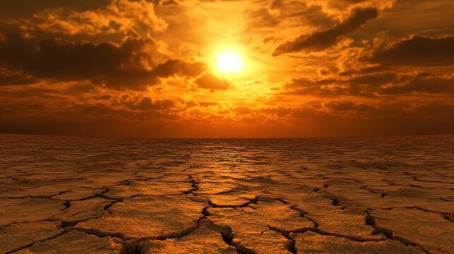 A cracked desert ground under a bright orange sun with heat distorted air and dramatic clouds