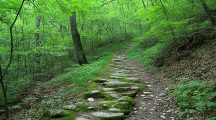A lush green forest path made of moss covered cobblestone stones winds uphill into dense vegetation