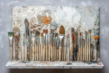 A vibrant collection of well-used, paint-splattered artist brushes stands neatly arranged against a heavily textured, paint-covered palette, capturing a creative workspace.