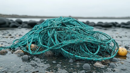 A tangled mass of blue and green fishing nets snagged on submerged debris on a rocky shore