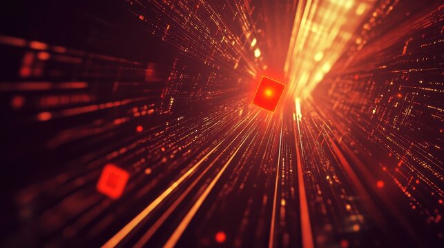 Abstract digital data streams flow with glowing red alert indicators in a futuristic technological network visualization - Powered by Adobe