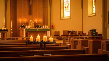 Peaceful Church Interior Adorned with Lit Candles and Advent Decorations