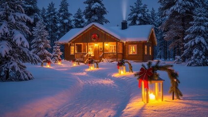 Festive Christmas Cabin in Snowy Winter Forest with Illuminated Path