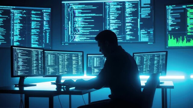 Programmer intently coding on multiple screens in a dimly lit, futuristic data center environment. 4k high quality footage