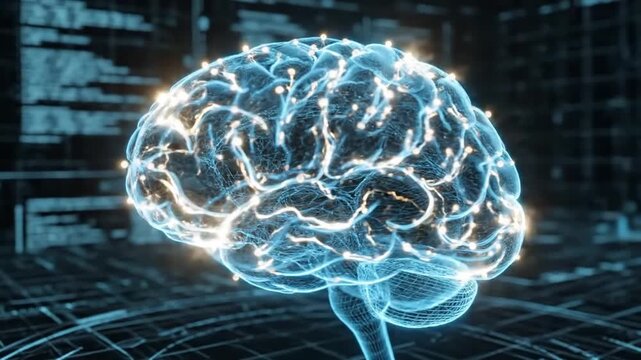 Artificial intelligence glowing in futuristic room, wireframe brain illuminated. Suitable for technology, ai, innovation concepts in design projects.