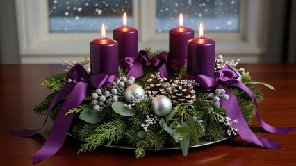 Four Lit Purple Advent Candles with Festive Wreath Decoration and Snowy Window Background