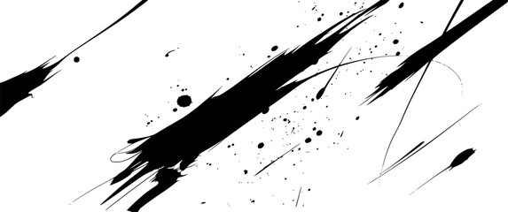 Dynamic Black Ink Splatter and Brush Strokes on White Background Abstract Art