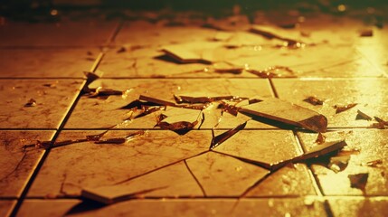 Broken ceramic tiles scattered on the floor from a breakage