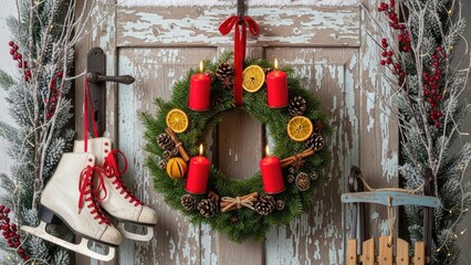 Vintage Christmas Door Decoration with Lit Advent Wreath, Ice Skates, and Winter Berries