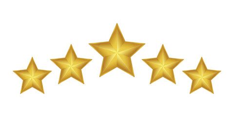 Obraz premium Five Golden 3D Stars in Rating Layout on White Background – Premium Quality Rating Illustration for Reviews, Feedback, Achievement, Awards, Rankings, Evaluation Graphics, and Digital Badges